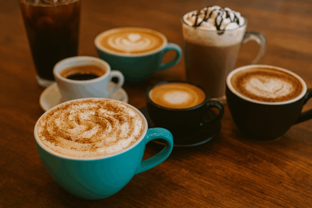 An assortment of coffee drinks displayed on a wooden café table, featuring a turquoise cup of cappuccino dusted with cinnamon, a latte, espresso, mocha with whipped cream, macchiato, and iced coffee, all captured in warm natural lighting.