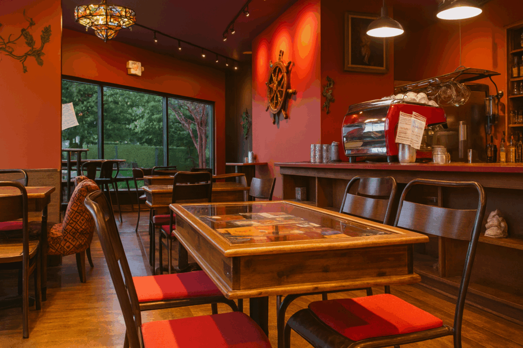 The Wood N Frog Café interior featuring red-orange walls, wooden tables and chairs, a red espresso machine, and a large window with garden views. The space has cozy lighting, rustic décor, and a welcoming atmosphere perfect for coffee and conversation.