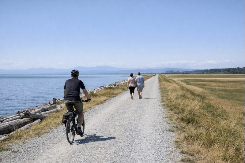 biking and walking along beach path professional image Centennial Beach Day Trip Ideas in Delta, BC biking and walking along beach path professional image