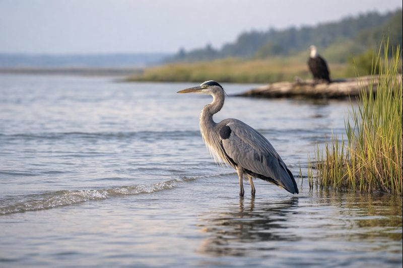 great blue heron by the water professional wildlife photography Centennial Beach Day Trip Ideas in Delta, BC great blue heron by the water professional wildlife photography