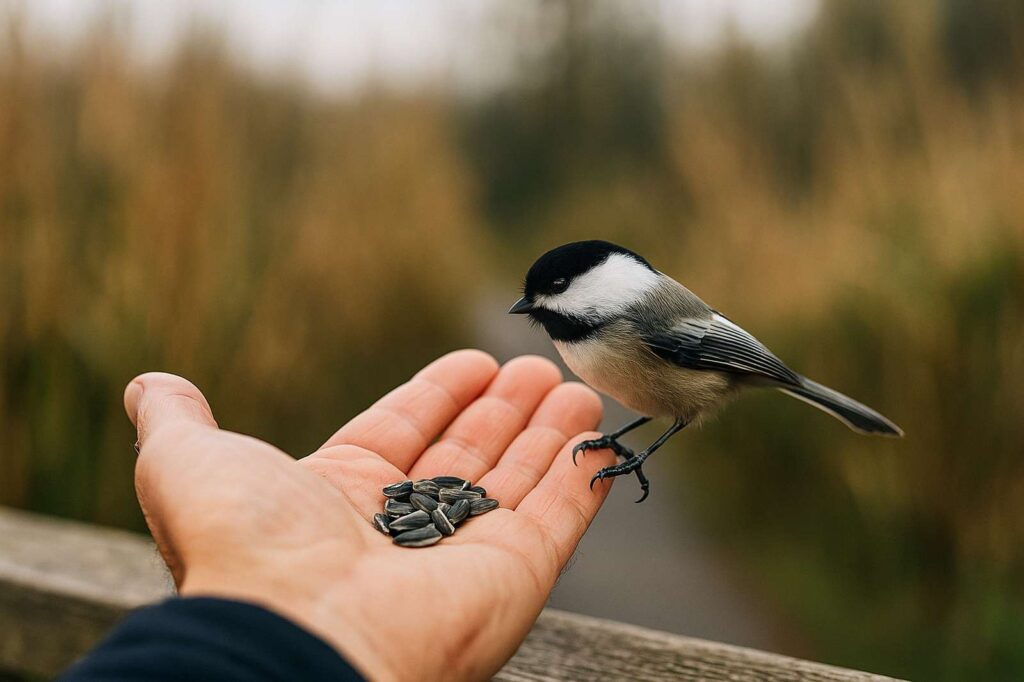 hand feeding bird seeds delta birdwatching experience | GPS: 49.179089, -122.910619