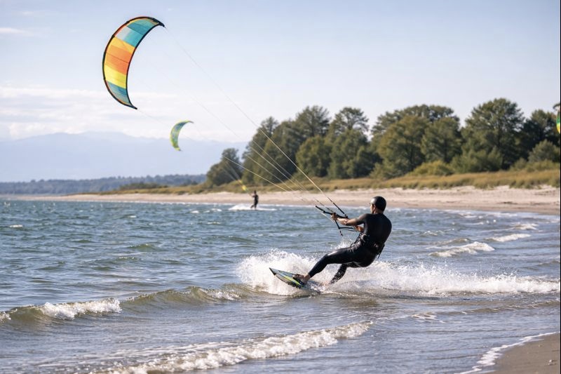 kite surfing professional at the beach in sunny weather Centennial Beach Day Trip Ideas in Delta, BC kite surfing professional at the beach in sunny weather