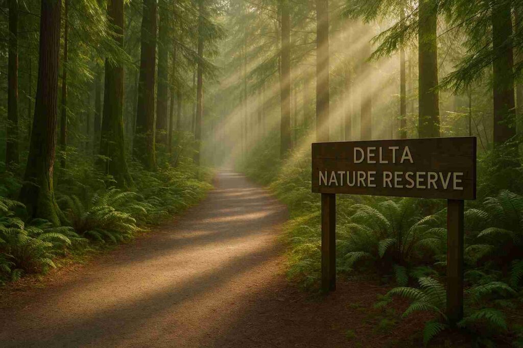 local shopping nature reserve pathway in forest | GPS: 49.118903, -123.002517