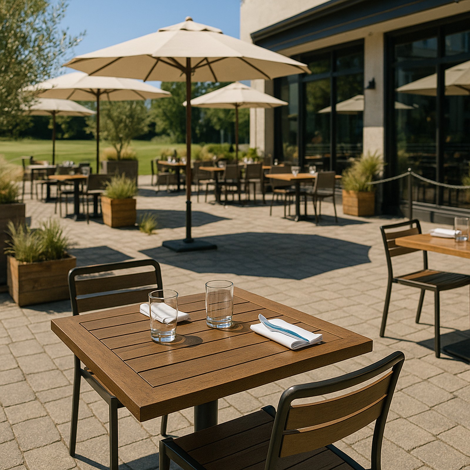 outdoor dining area local with umbrellas and tables | GPS: 49.125798, -123.012878