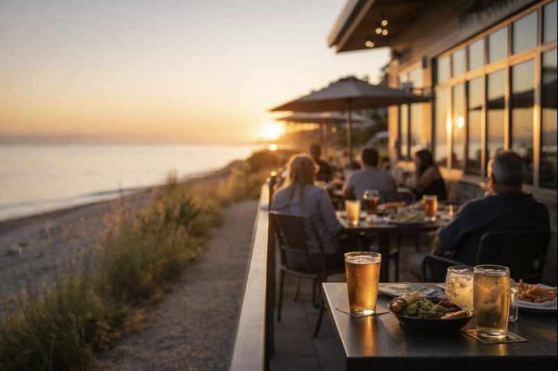 outdoor dining professional sunset ocean view relaxation friends Centennial Beach Day Trip Ideas in Delta, BC outdoor dining professional sunset ocean view relaxation friends