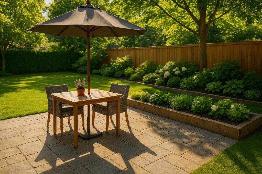 sunny patio with table and umbrella local | GPS: 49.175140, -122.937530