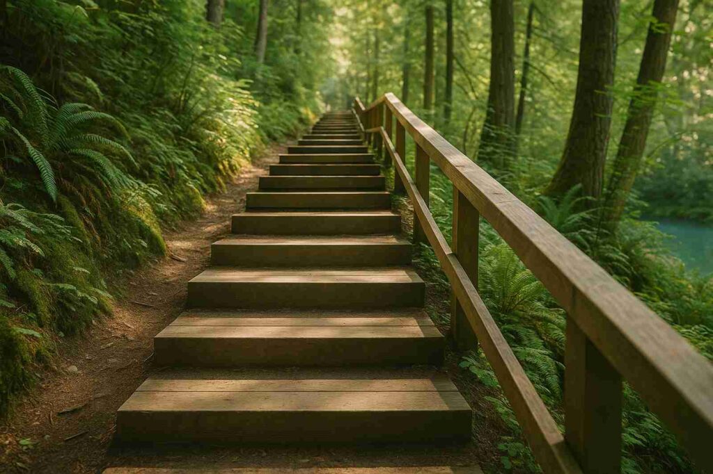 wooden steps in forest local experiences.jpg | GPS: 49.143210, -122.965402