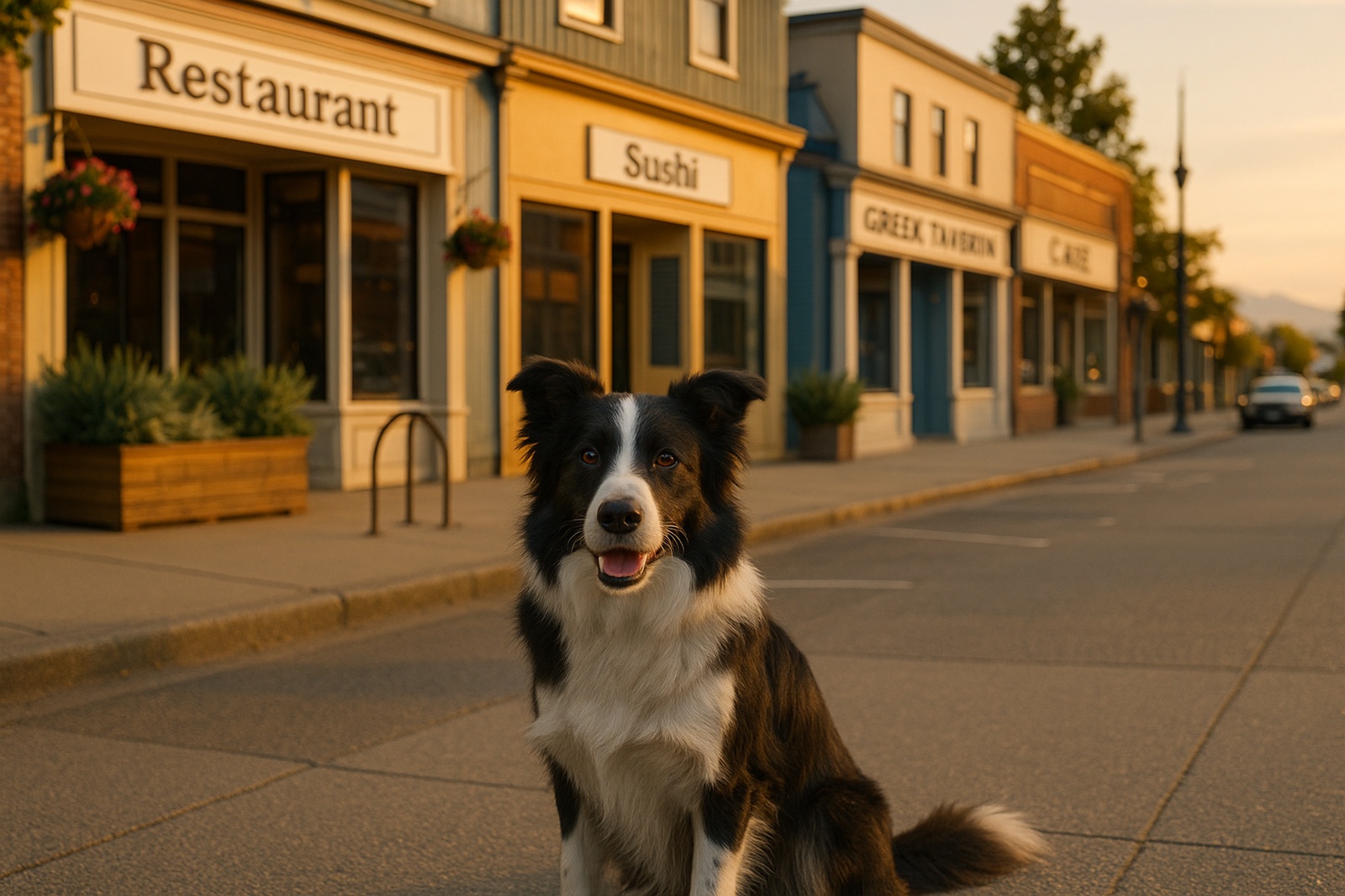 black and white border collie dog sitting on street delta | GPS: 49.197922, -122.917048