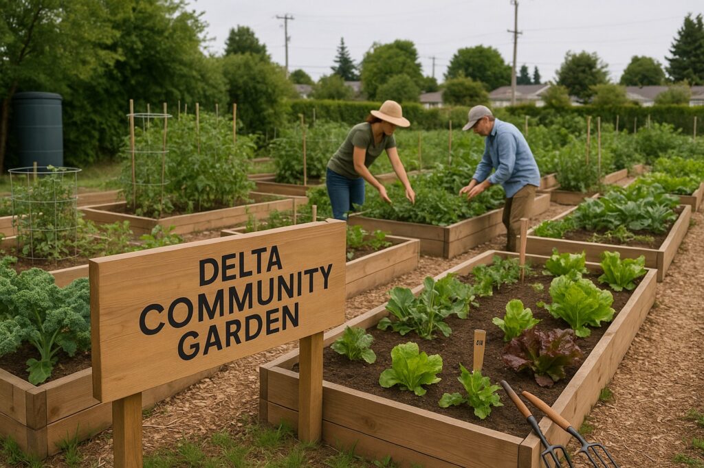 delta community garden with people working in soil | GPS: 49.197687, -122.917406