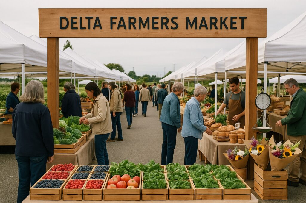 delta farmers market vegetables fruits and people browsing Delta Local