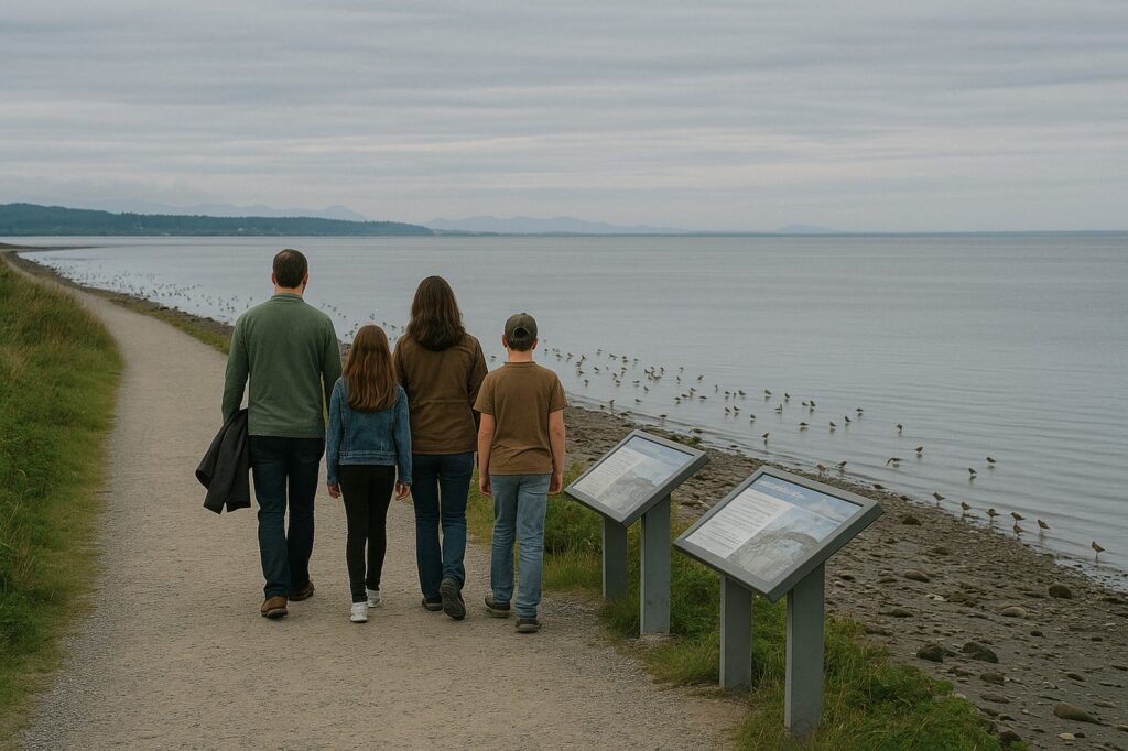 family walking along beach local waterside signs park Educational Fun for Kids: Delta BC