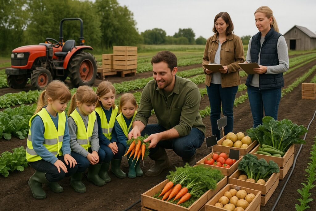 local farmers kids harvesting carrots on farm | GPS: 49.170399, -122.959076