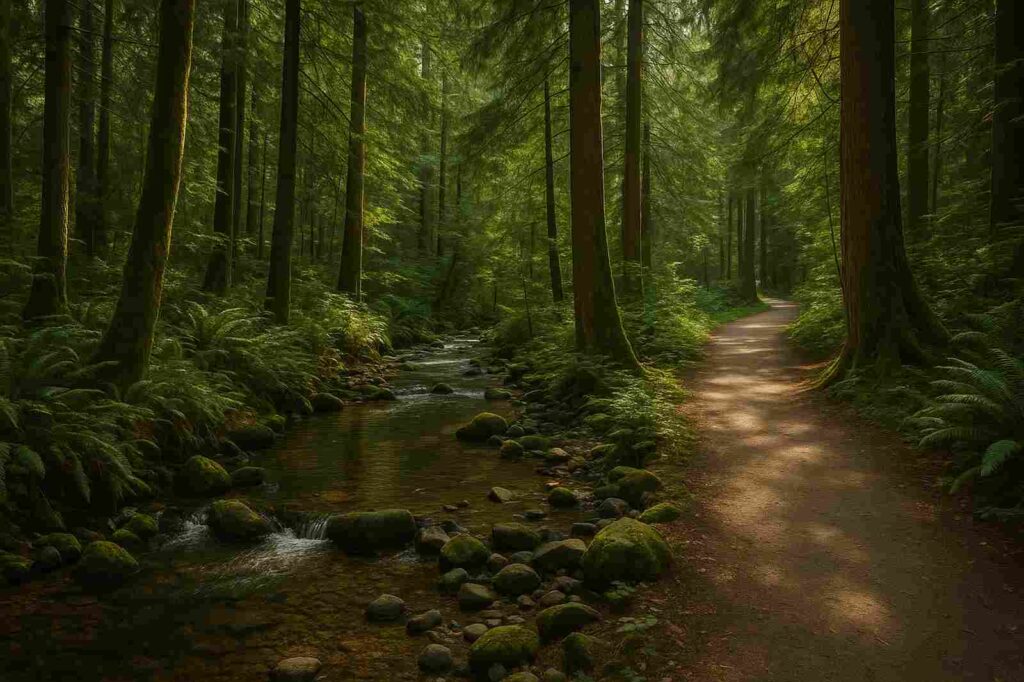 peaceful forest path with stream professional services Parks In Delta for family outings peaceful forest path with stream professional services | GPS: 49.170178, -122.924225