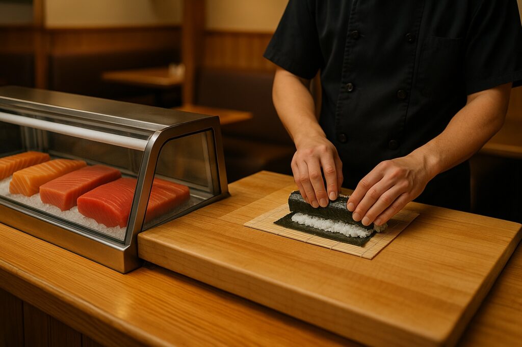 sushi chef preparing fresh local sushi rolls in restaurant Sushi in Delta sushi chef preparing fresh local sushi rolls in restaurant Sushi in Delta