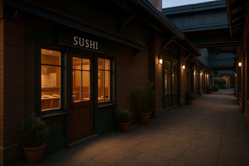 sushi restaurant local at night with warm lighting Sushi in Delta sushi restaurant local at night with warm lighting Sushi in Delta