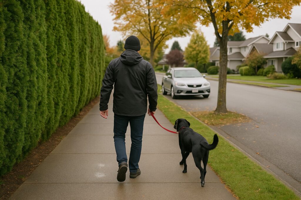 walking with black dog in autumn street delta | GPS: 49.185197, -122.922173