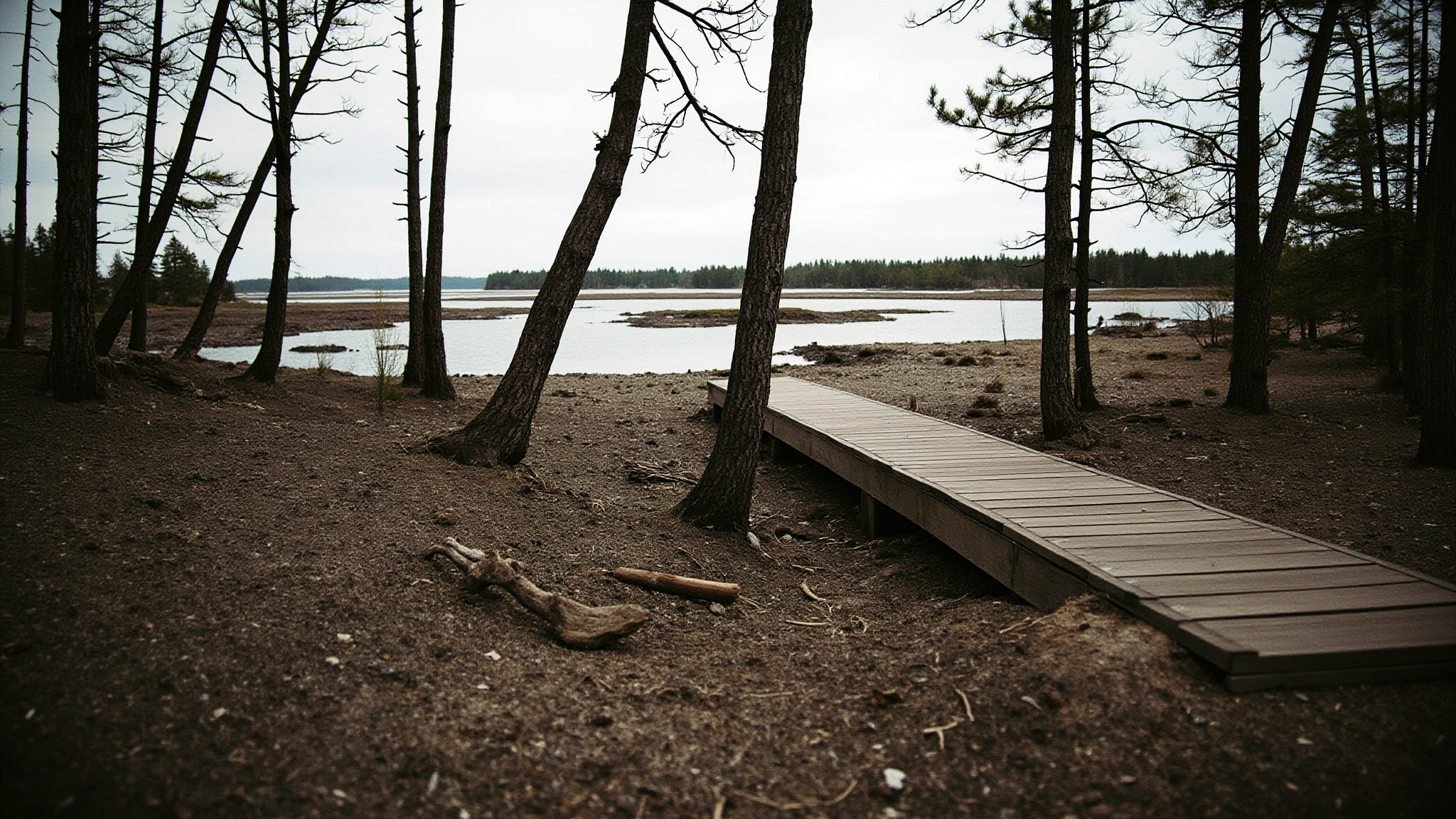 Boardwalk path through Burns Bog with sparse pine trees and bog pools