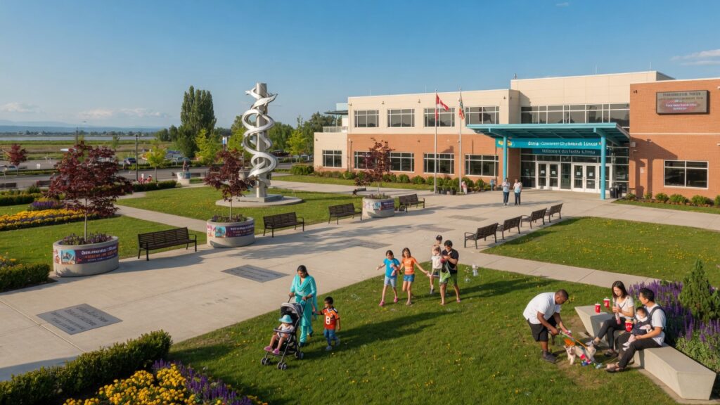 Delta BC community plaza with families