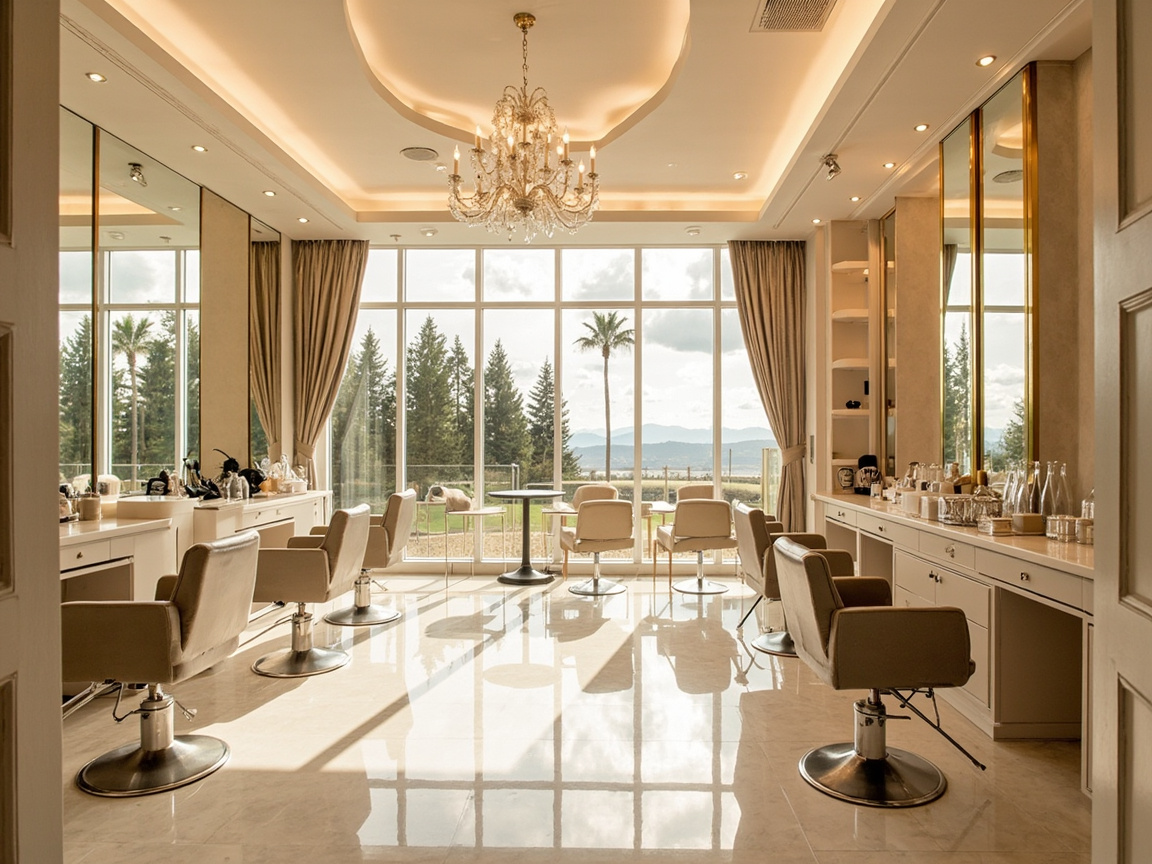 Delta hair salon interior with cream and gold tones, luxurious styling chairs and chandelier lighting