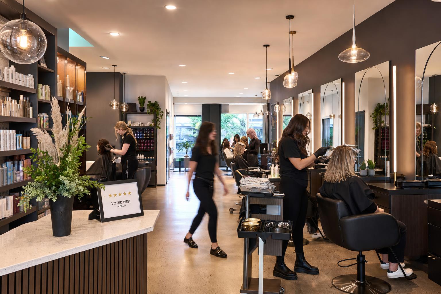 Salon Cirillo with foiling stations, bright mirrors and professional colour products