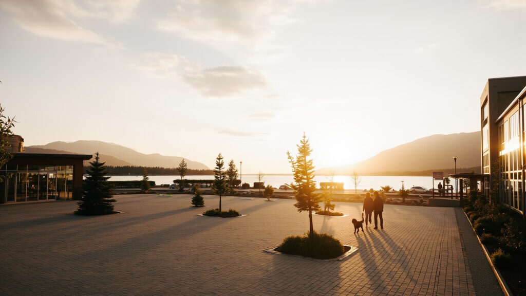 Tsawwassen Mills outdoor plaza at golden hour with mountains and lake