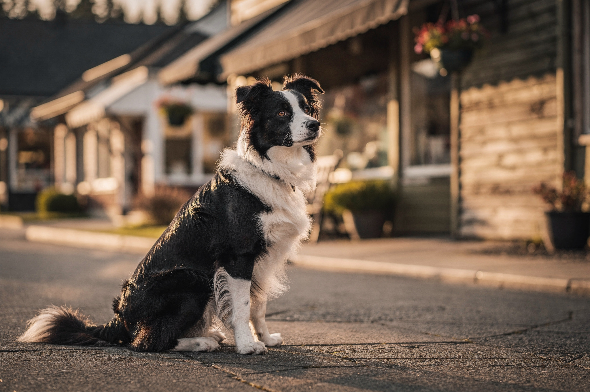 black and white border collie sitting on street in Delta BC | GPS: 49.083, -123.0748