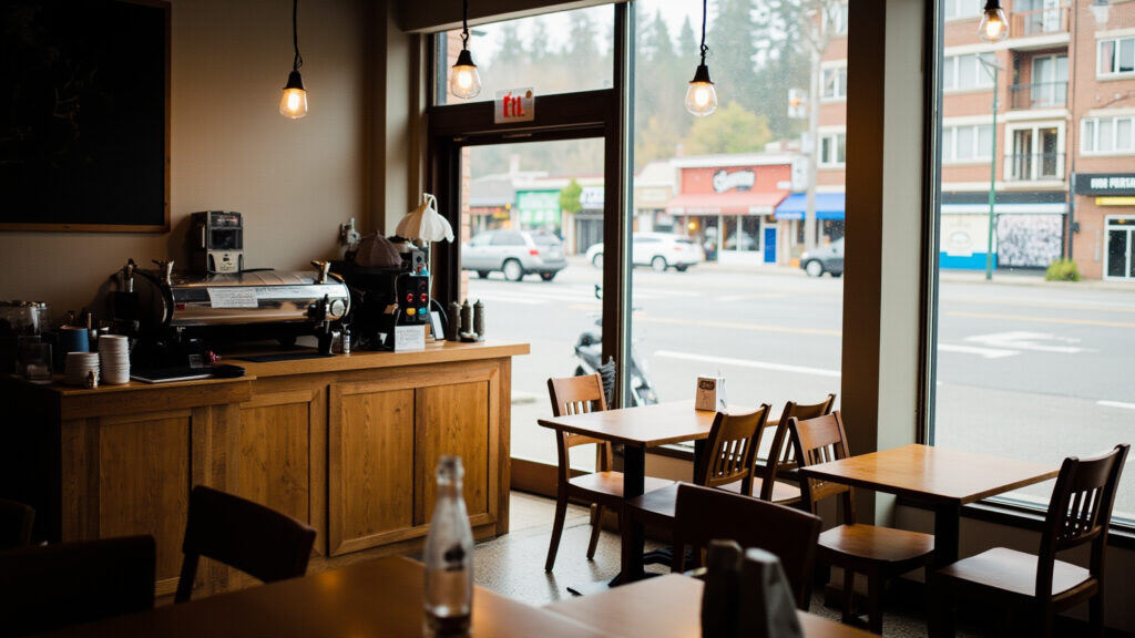 Cozy independent coffee shop interior with espresso machine and street view