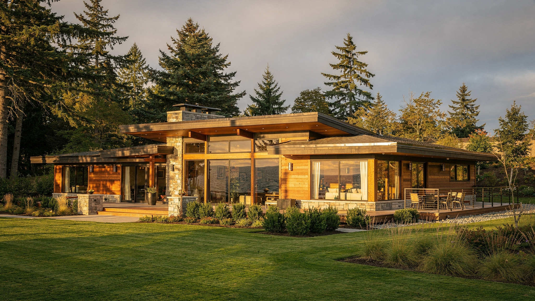 modern Pacific Northwest wedding venue exterior with cedar and stone details in Delta BC