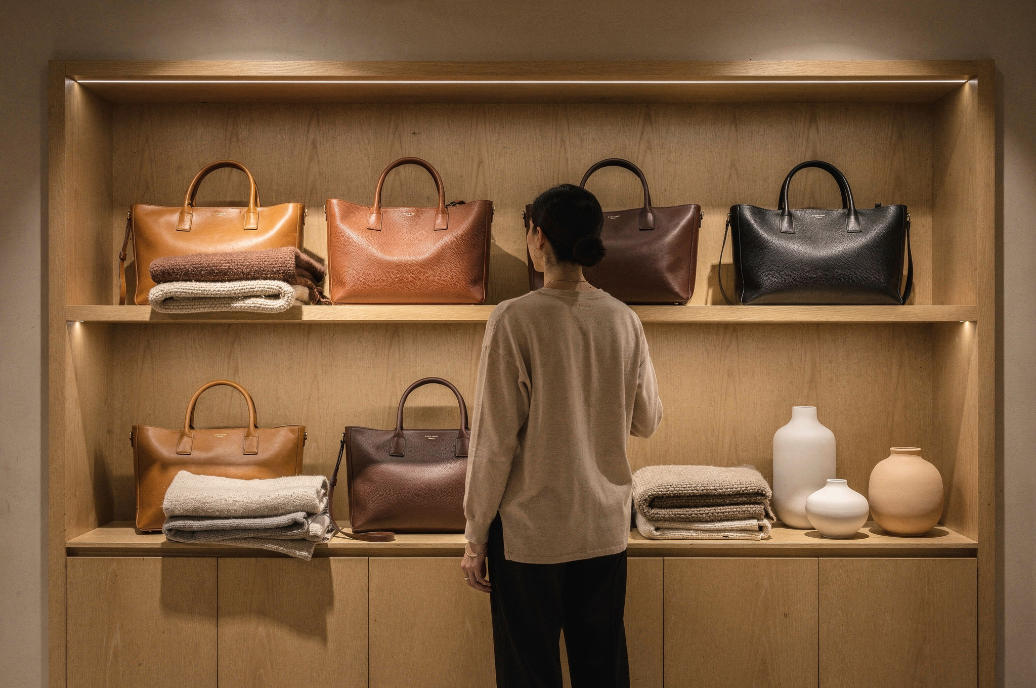 Shopper browsing leather handbags on display at a Delta gift shop