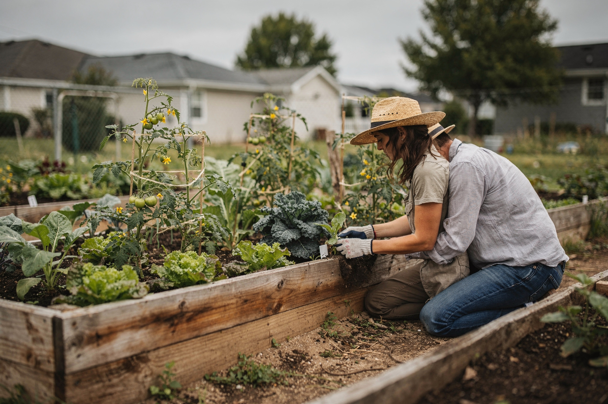 community garden volunteers tending raised garden beds in Delta