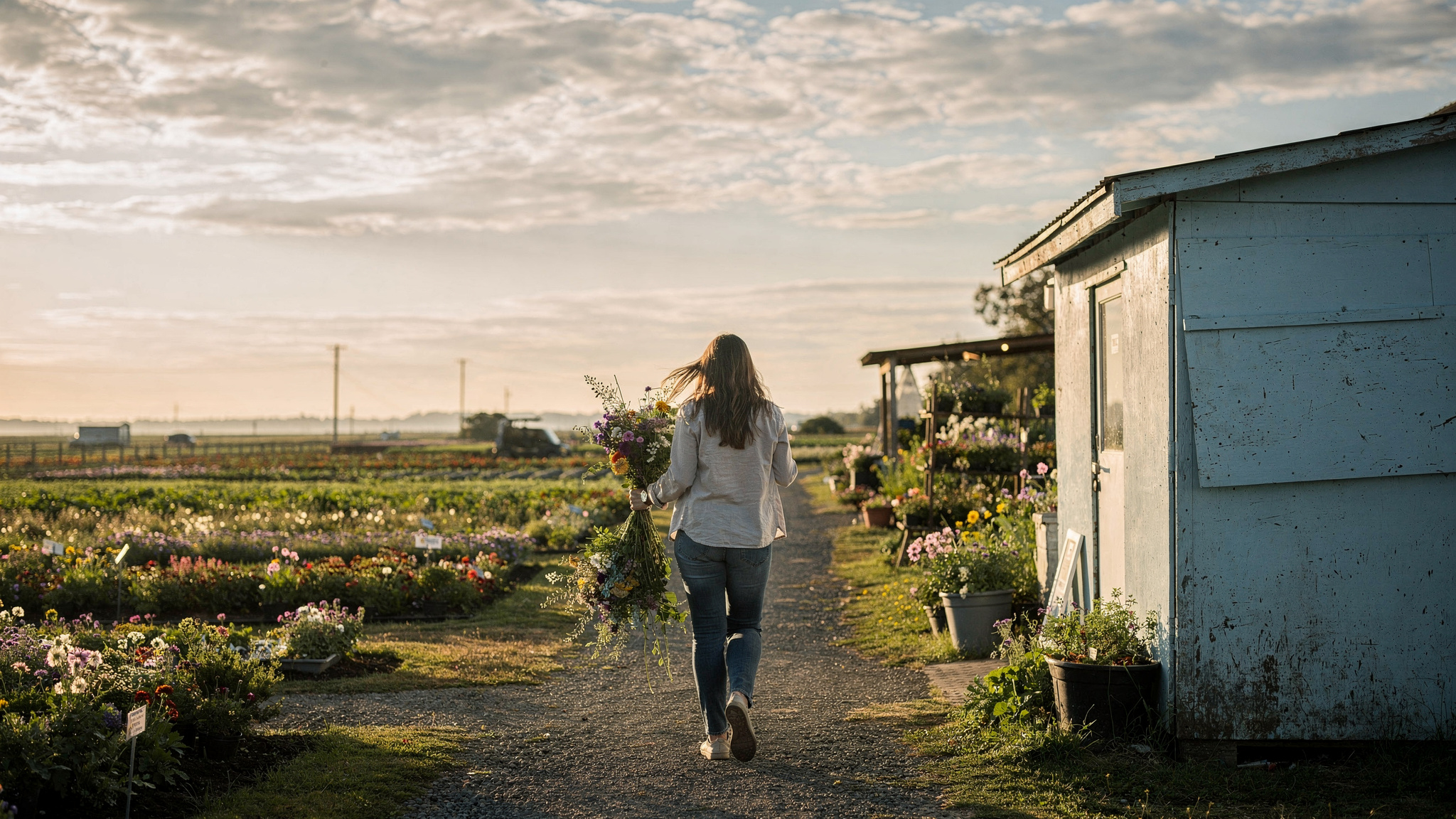 Woman carrying a fresh flower bouquet along a flat Delta BC flower farm path