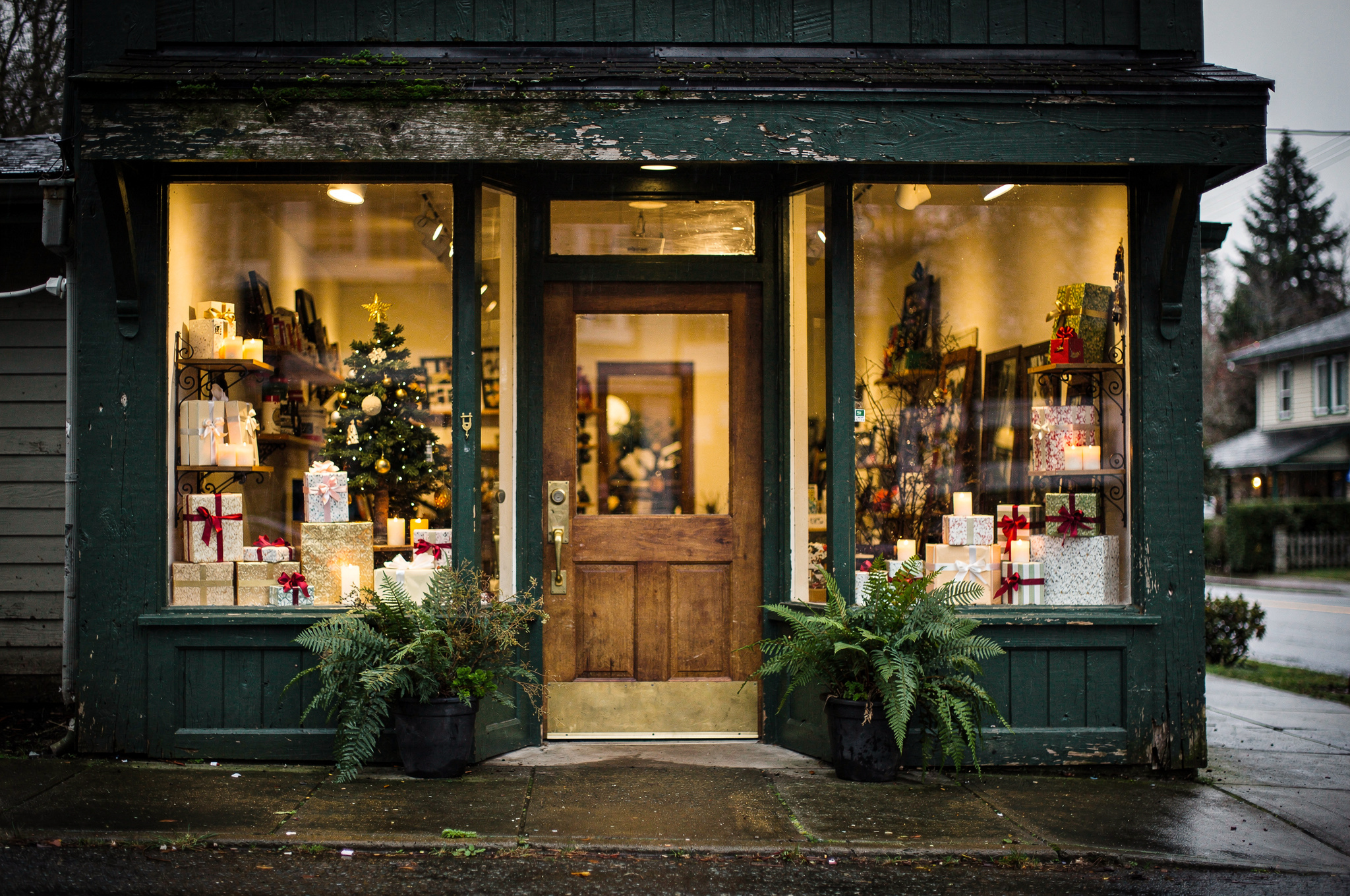Cozy gift shop storefront with wrapped presents in the window in Delta, BC