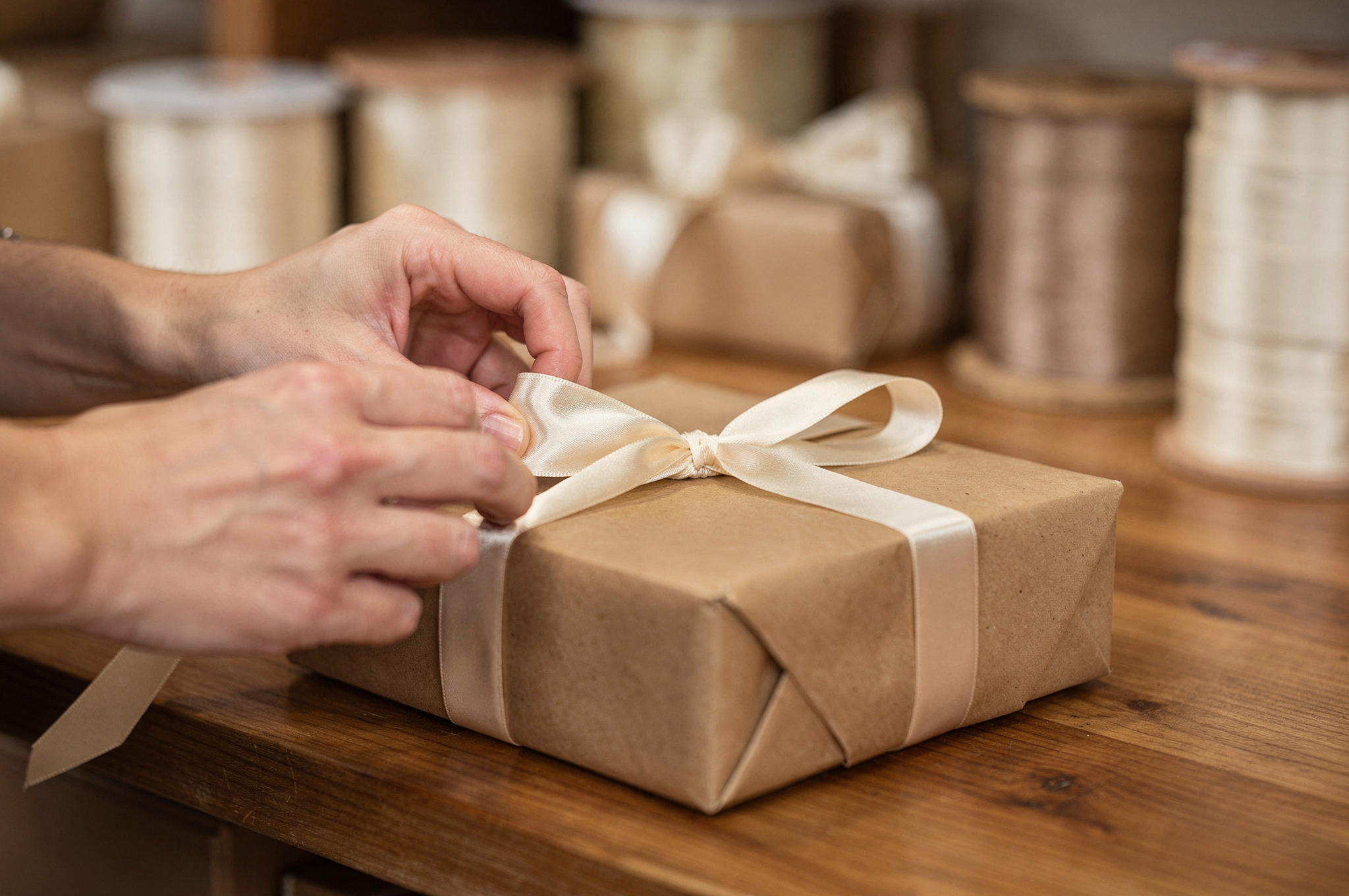Hands wrapping a gift box with kraft paper and ribbon at a Delta gift shop