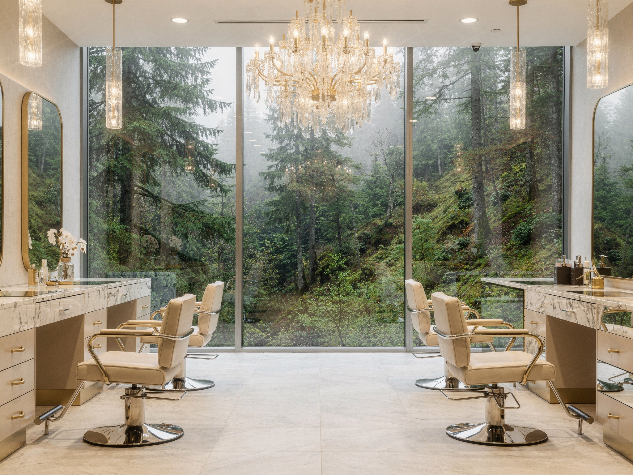 delta salon hero v2 Top Hair Salons in Delta Delta hair salon interior with cream and gold tones, luxurious styling chairs and chandelier lighting overlooking a Pacific Northwest forest