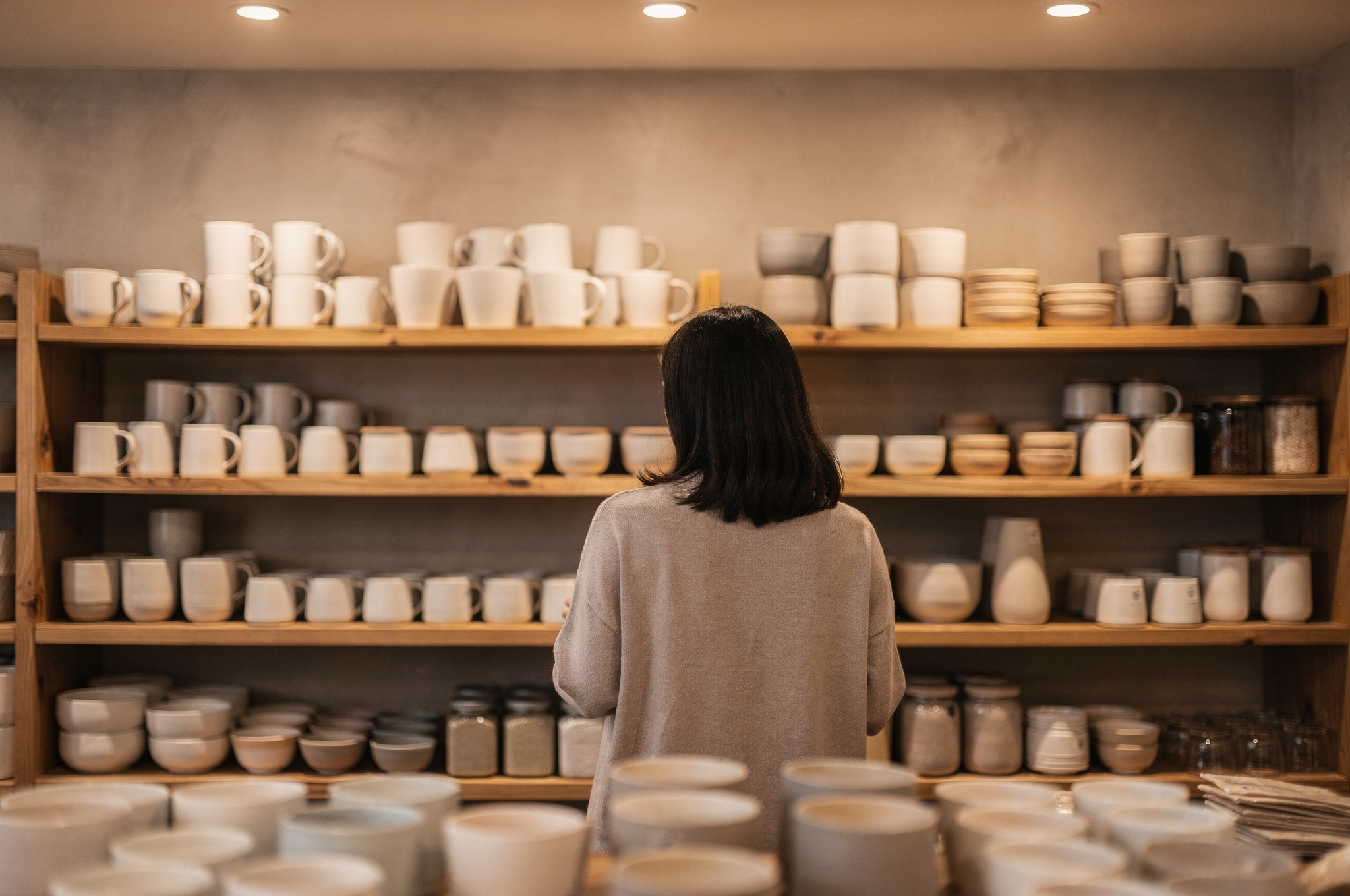 Shopper browsing ceramic mugs and bowls on wooden shelves in a Delta gift shop