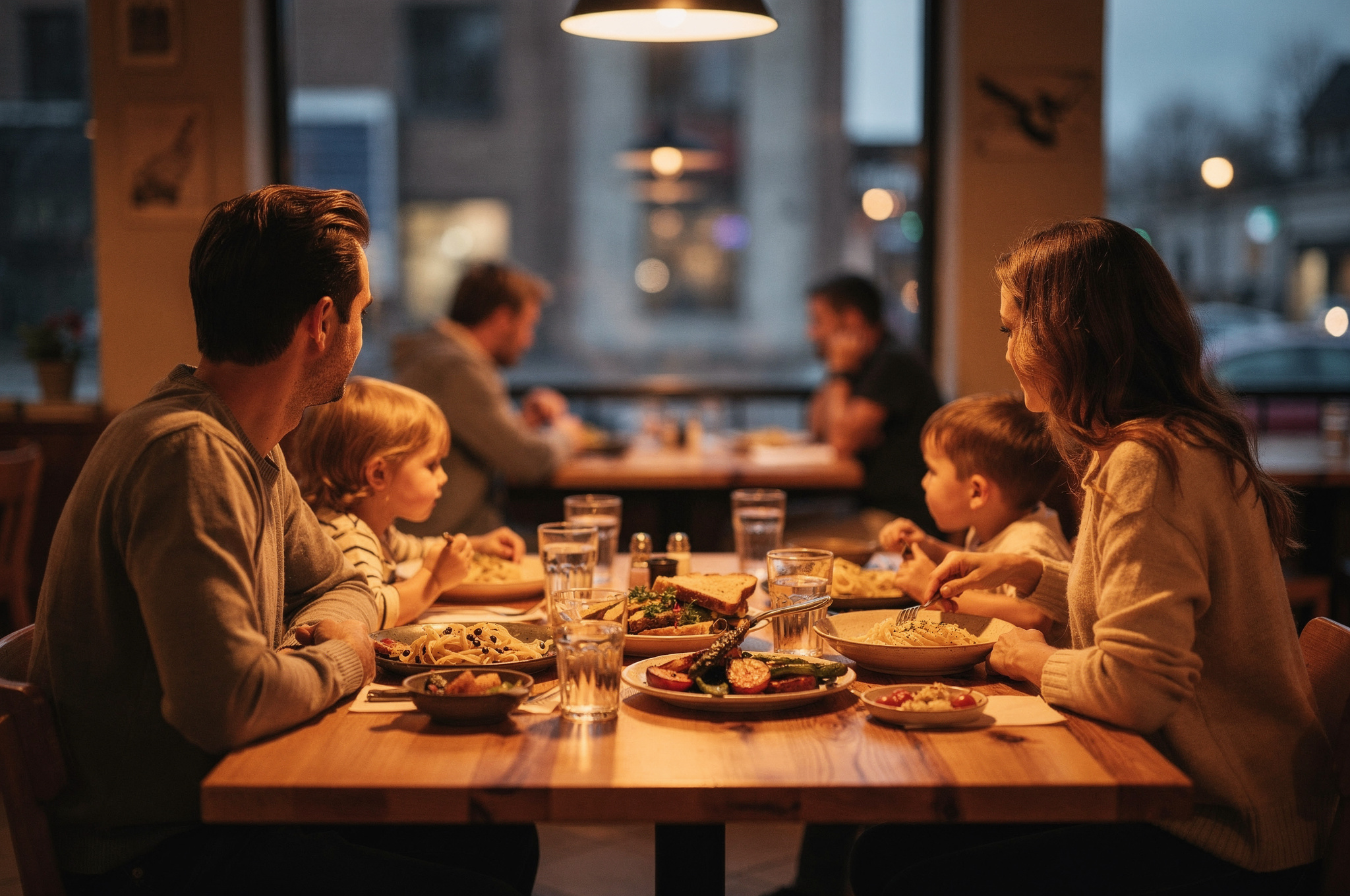 Family enjoying dinner together at a Delta restaurant, seen from the side