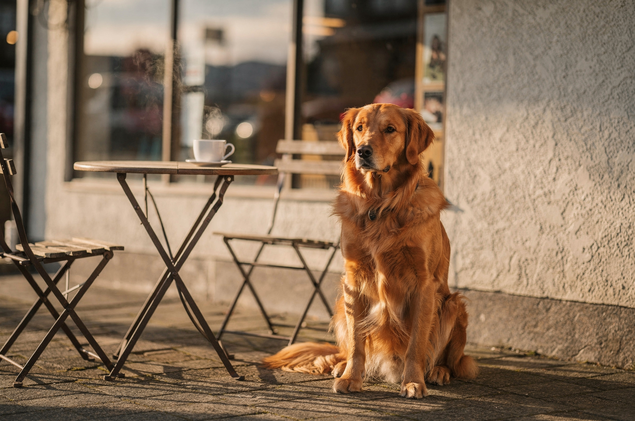 golden retriever at cafe patio table in delta bc | GPS: 49.118550, -123.038252