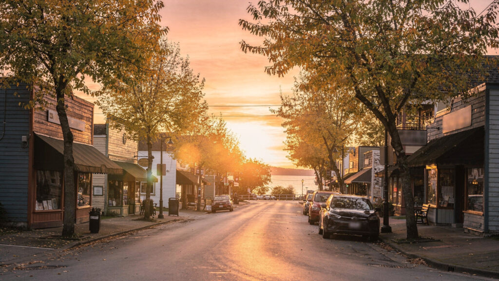 Golden hour view down a heritage storefront street in Ladner Village, Delta BC