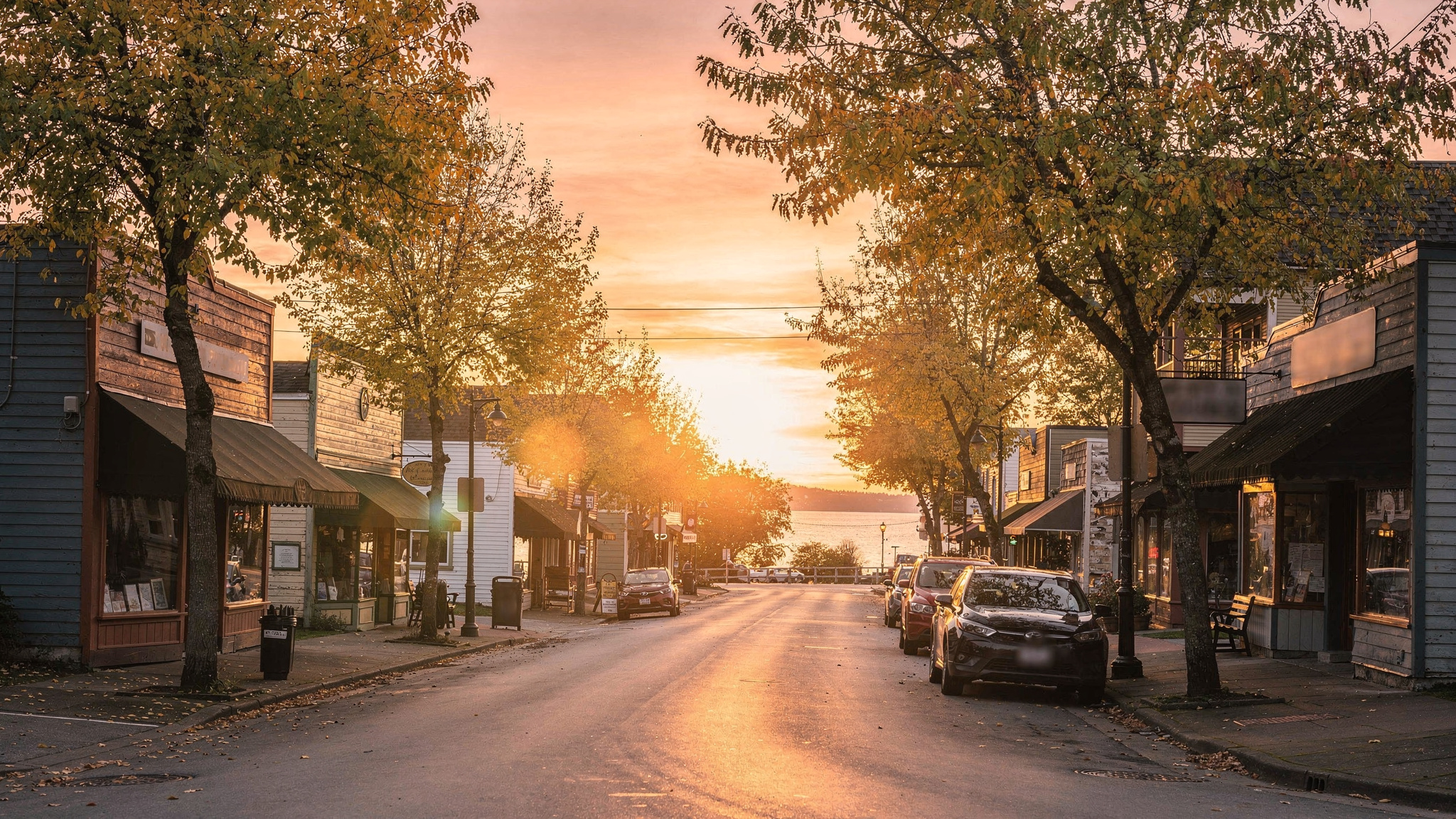 Golden hour view down a heritage storefront street in Ladner Village, Delta BC