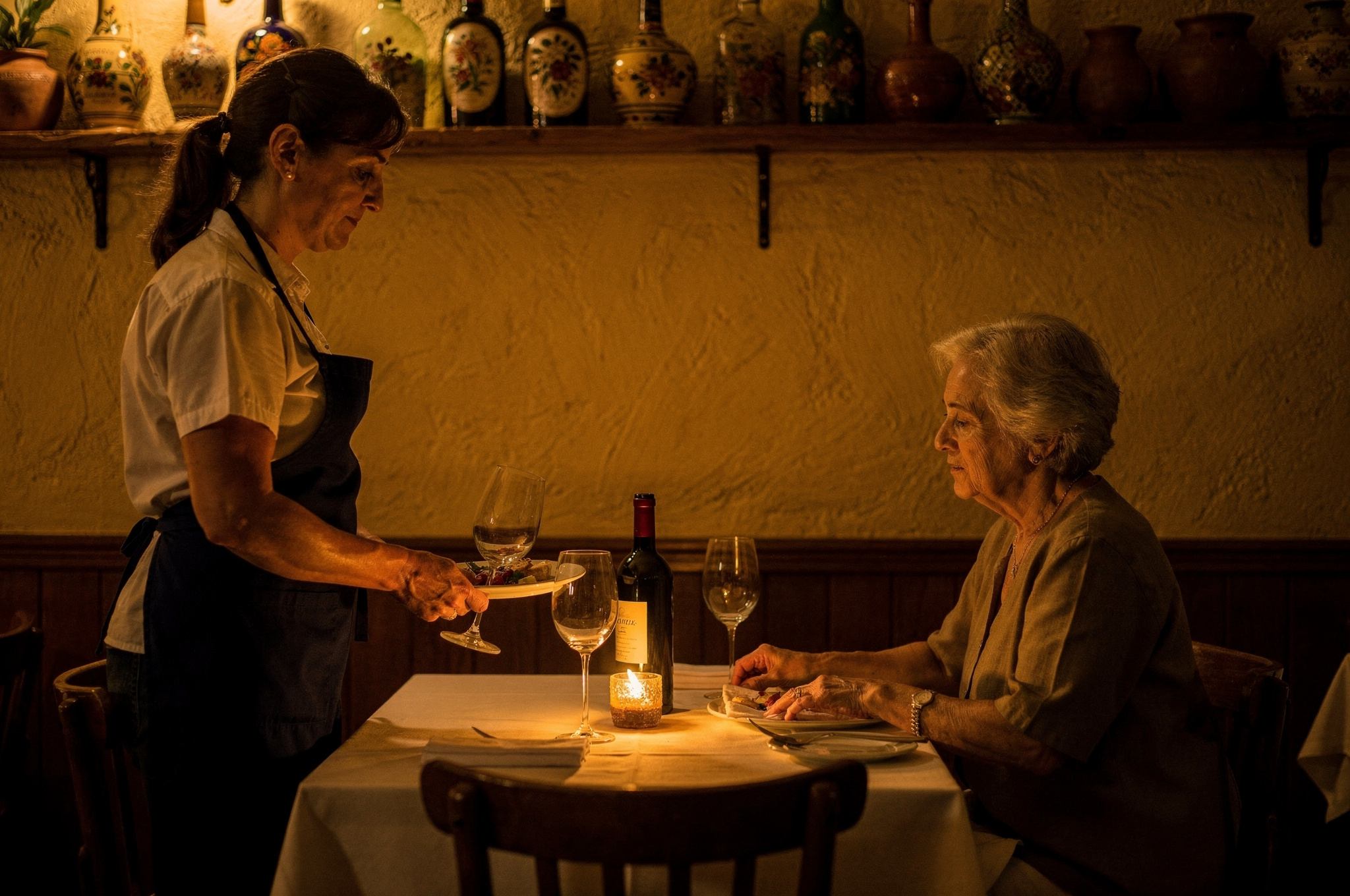 local restaurant server assisting elderly diner at table | GPS: 49.106813, -123.056315