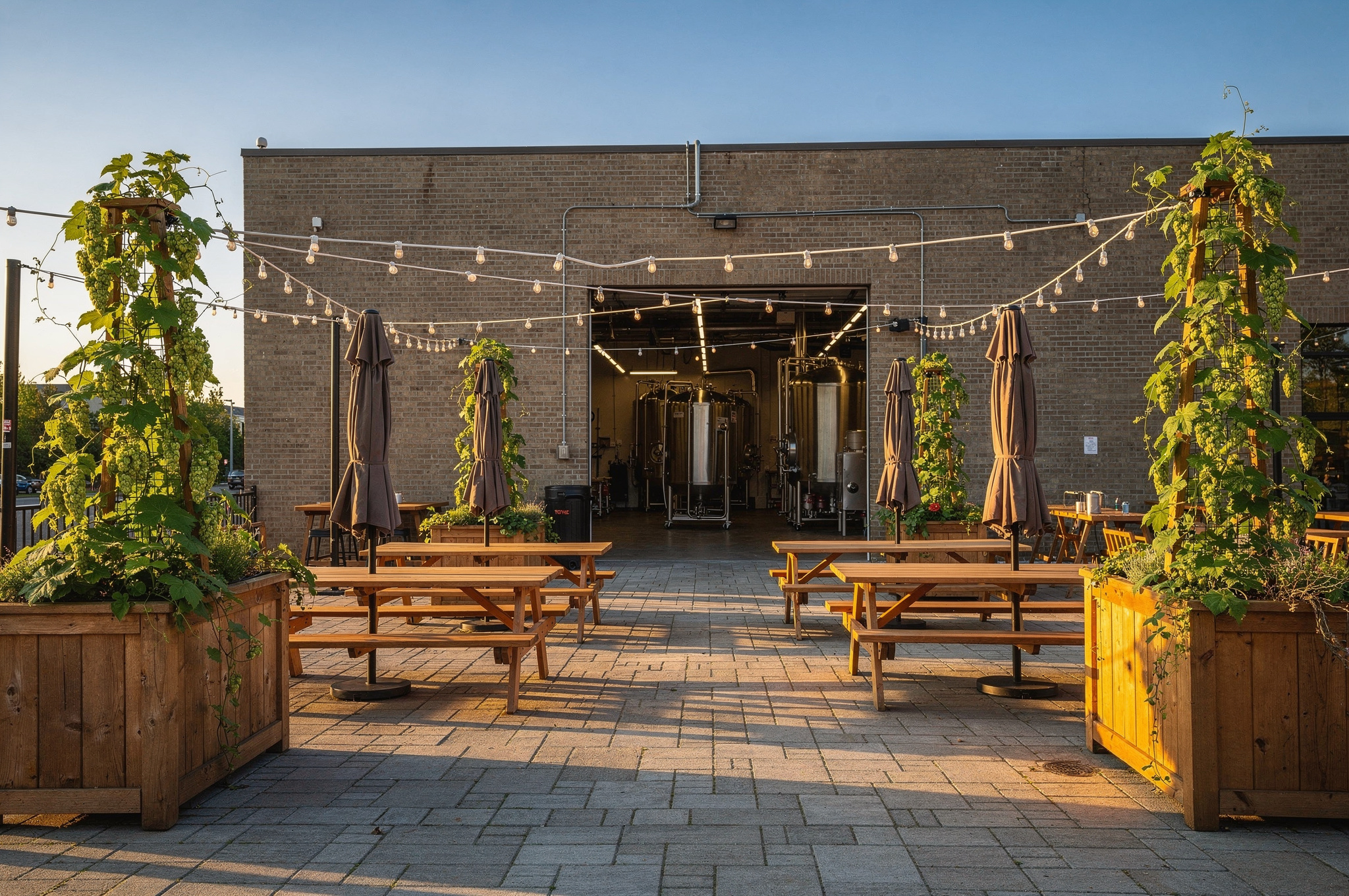outdoor dining area delta with tables and plants v2 Top Delta BC Patios Sunny Days outdoor brewery patio delta with picnic tables and hop vines | GPS: 49.160810, -122.959413