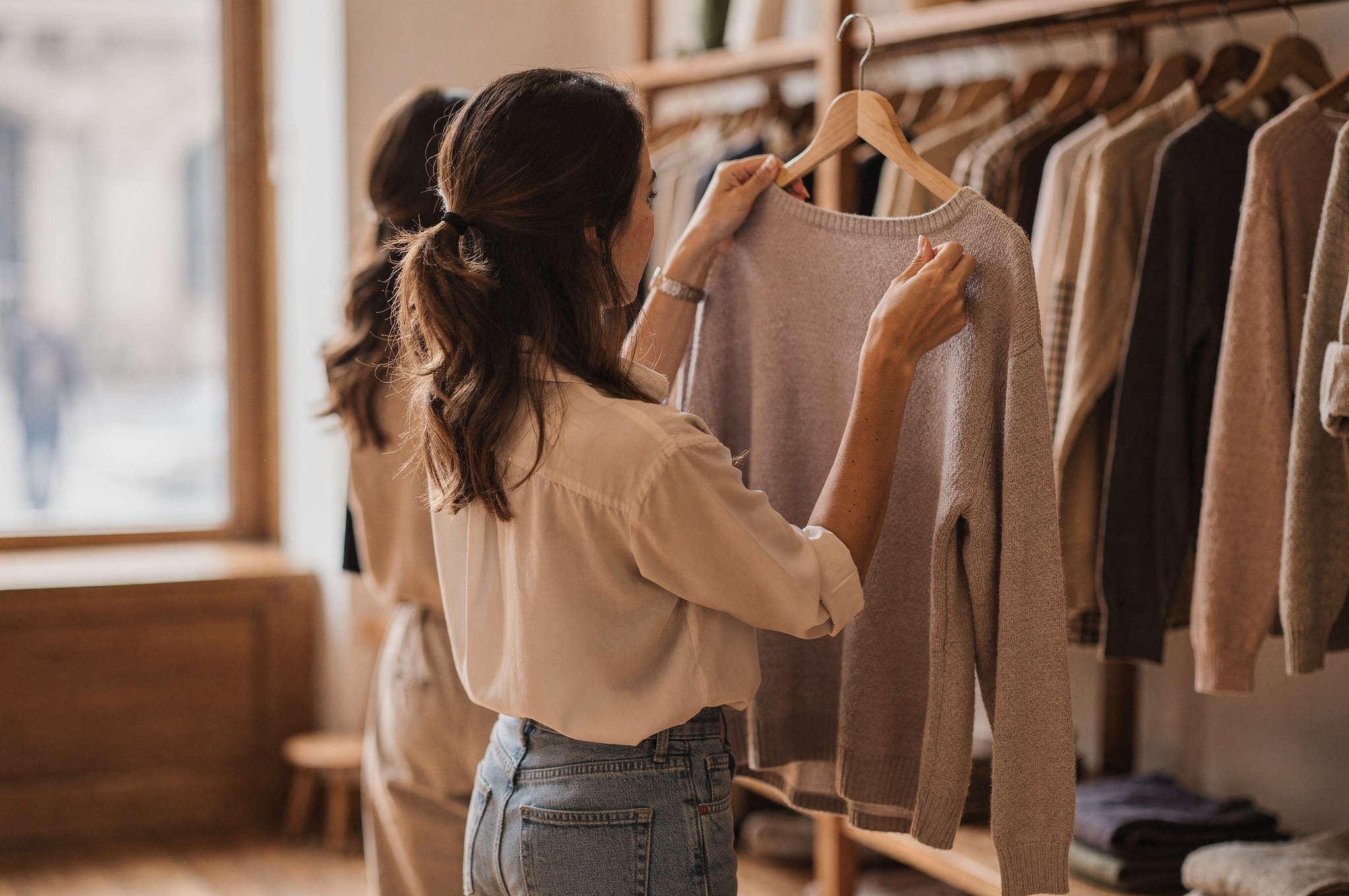 two shoppers browsing sweaters on a clothing rack in a boutique