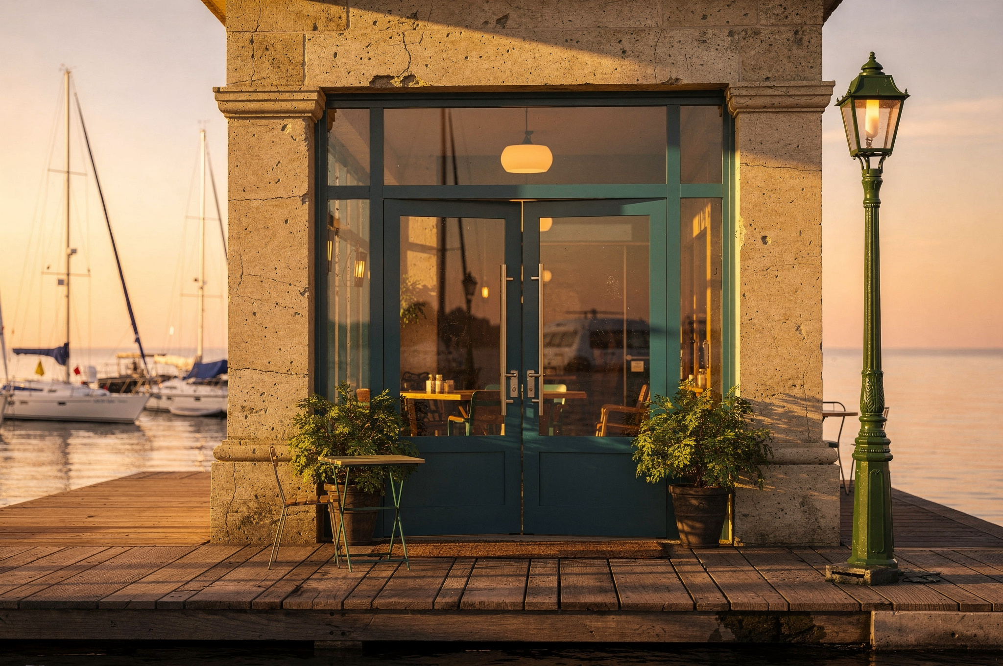The exterior of a waterfront cafe with beige columns and teal-framed glass doors, surrounded by potted plants. The golden sunset casts warm shadows across the boardwalk, with boats and lamp posts visible along the marina in the background.