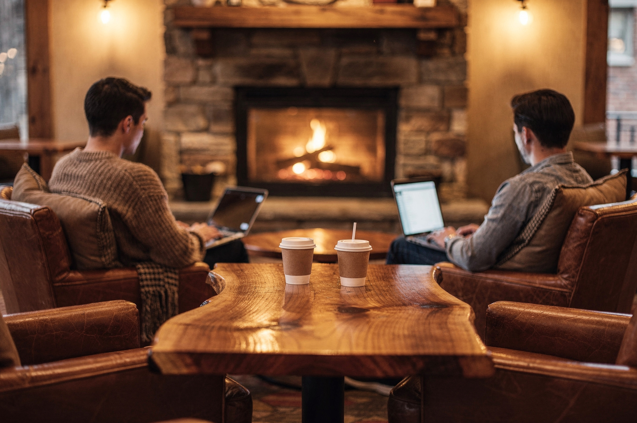 A welcoming cafe setting with leather chairs and a wooden table topped with takeaway coffee cups, where two people relax and work on laptops by the stone fireplace under soft, warm lighting.