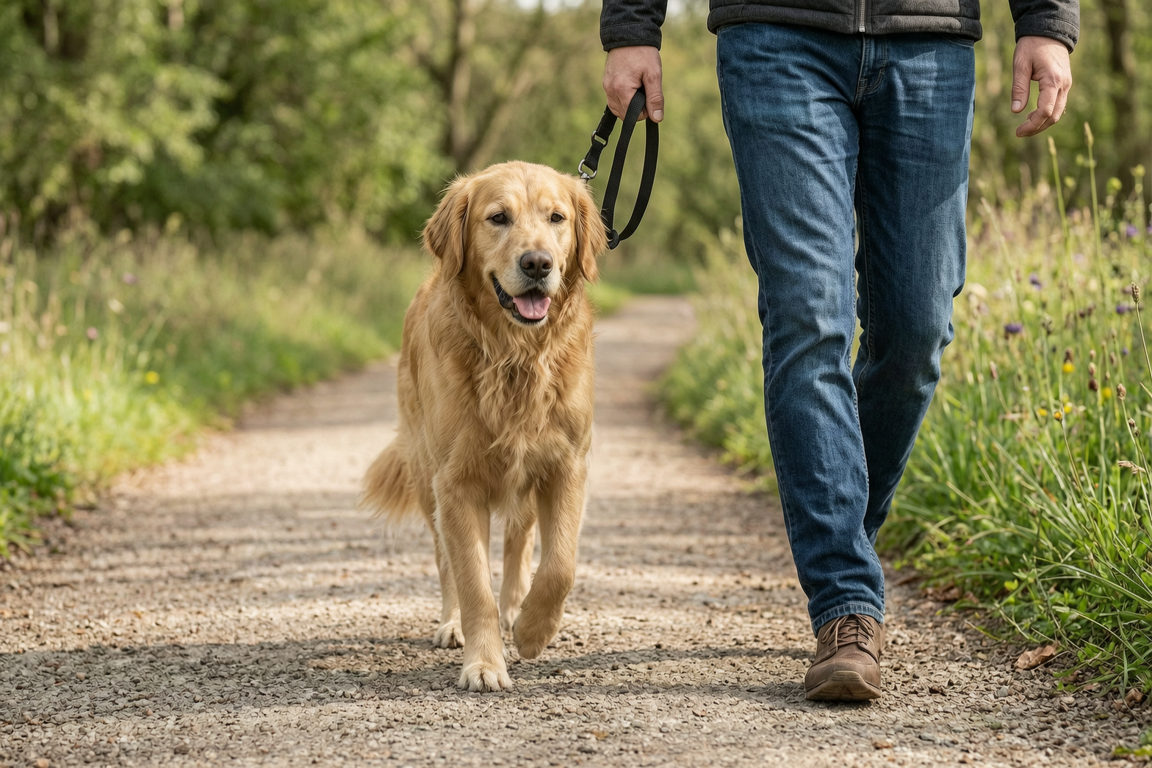 walking with black dog in autumn street delta | GPS: 49.185197, -122.922173