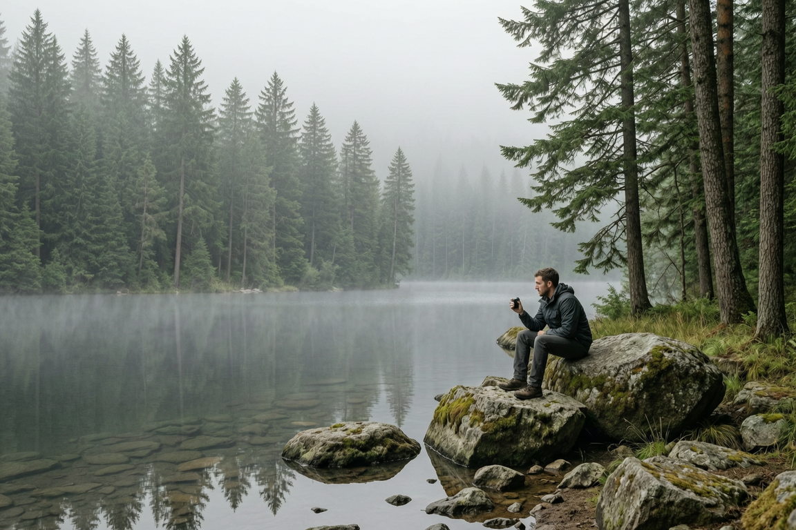misty lake in forest with stones local | GPS: 49.128914, -123.008120