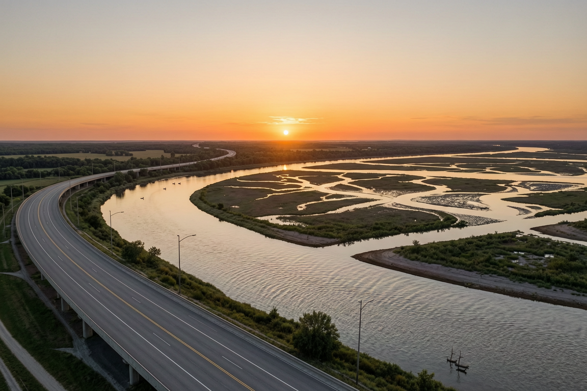 sunset over waterway with highway and v3 Delta Local