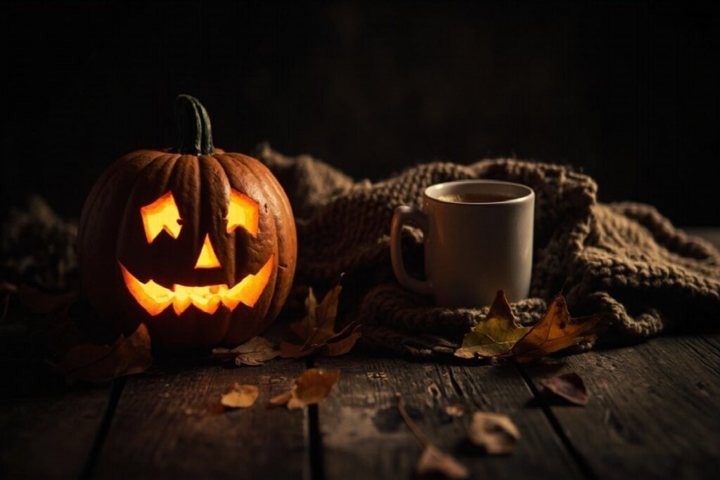A carved jack-o-lantern beside a mug of hot cider