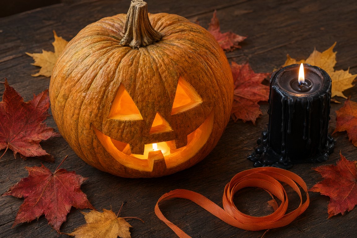 A carved pumpkin lit from a candle beside autumn leaves and a ribbon