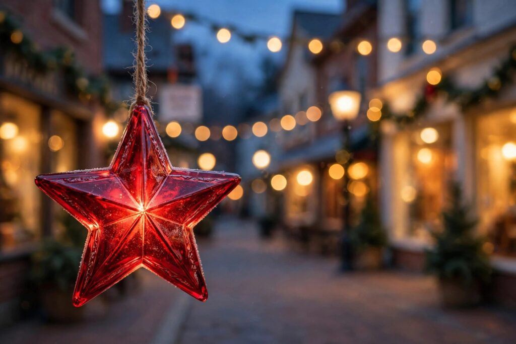 Red Christmas star ornament in front of a blurred main street at dusk
